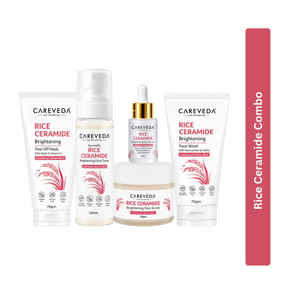 CareVeda Korean Glass Skin 5-Step Skincare Combo | Face Wash, Face Scrub, Face Serum, Face Toner & Peel Off Mask | Rice Ceramide Daily Glow Routine