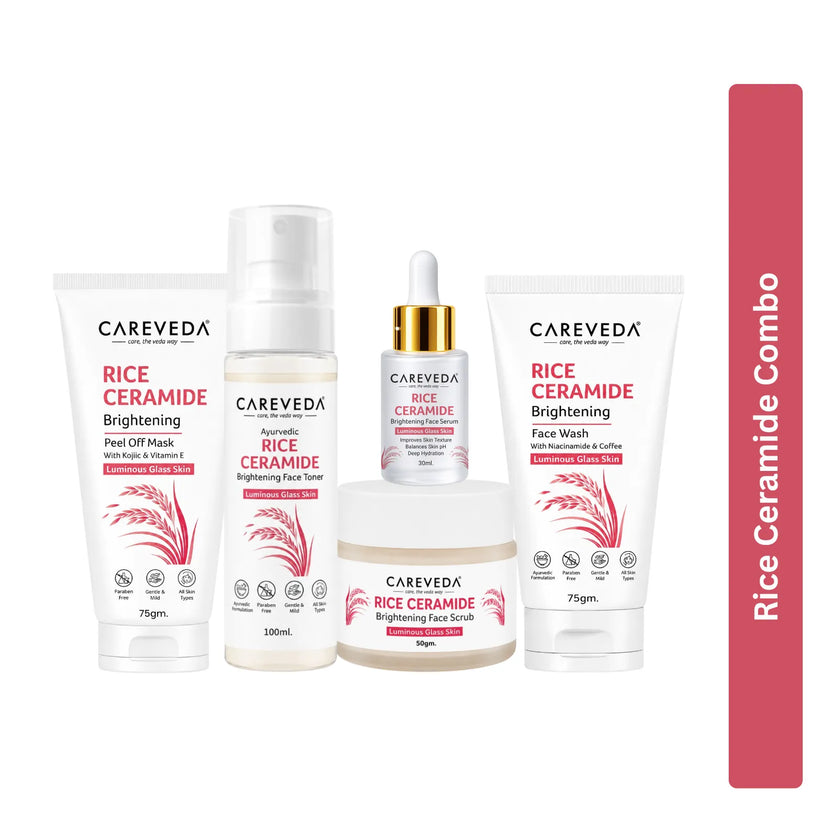 CareVeda Korean Glass Skin 5-Step Skincare Combo | Face Wash, Face Scrub, Face Serum, Face Toner & Peel Off Mask | Rice Ceramide Daily Glow Routine