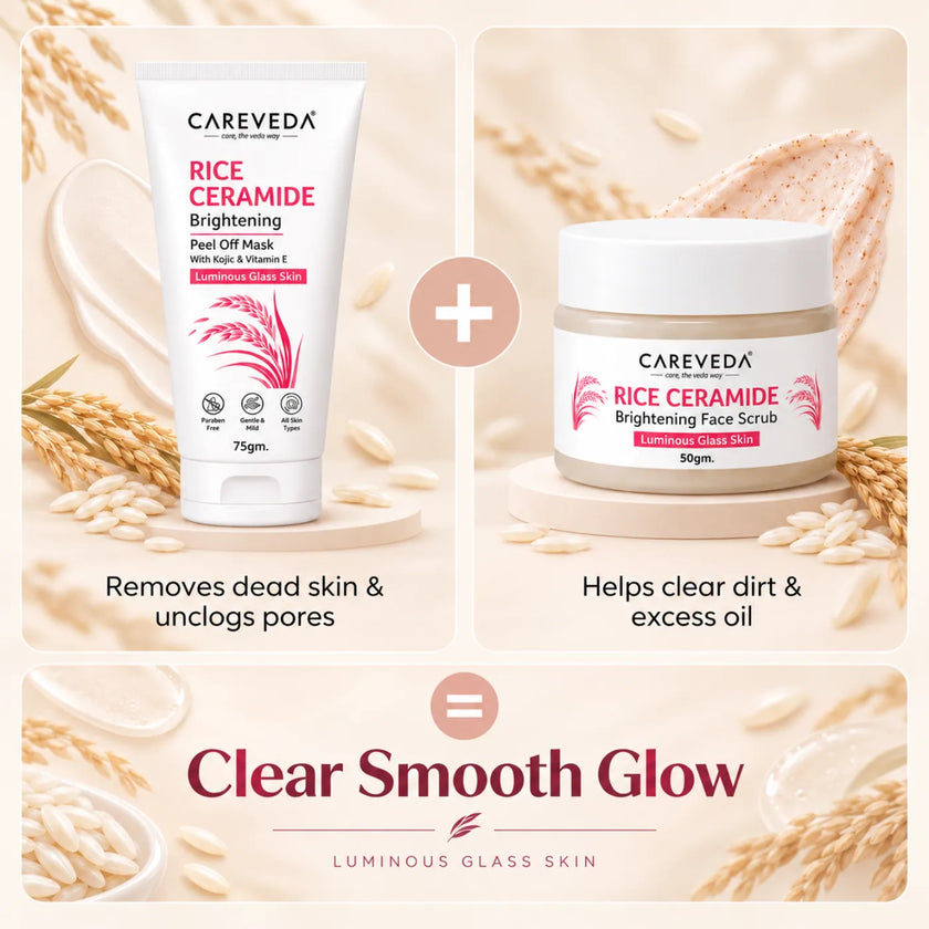 Careveda Rice Ceramide Brightening Skincare Gift Box | Complete Luminous Glass Skin Care Set with Face Wash, Peel Off Mask, Scrub, Cream & Serum, Toner - Set of 6