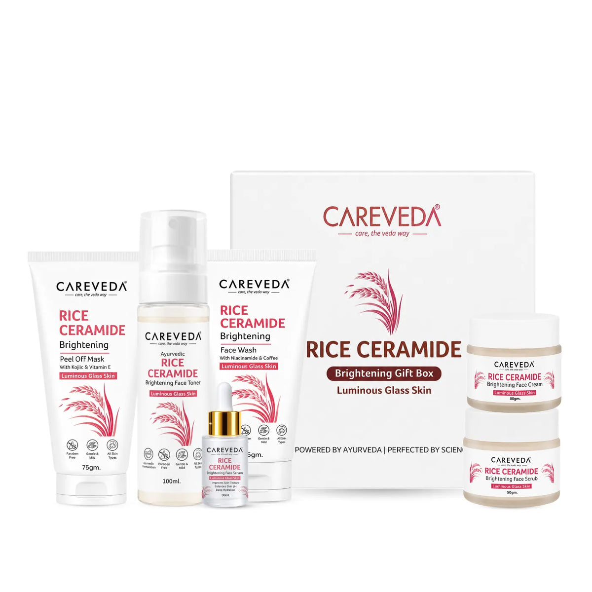 Careveda Rice Ceramide Brightening Skincare Gift Box | Complete Luminous Glass Skin Care Set with Face Wash, Peel Off Mask, Scrub, Cream & Serum, Toner - Set of 6