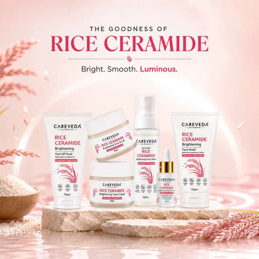 Careveda Rice Ceramide Brightening Skincare Gift Box | Complete Luminous Glass Skin Care Set with Face Wash, Peel Off Mask, Scrub, Cream & Serum, Toner - Set of 6