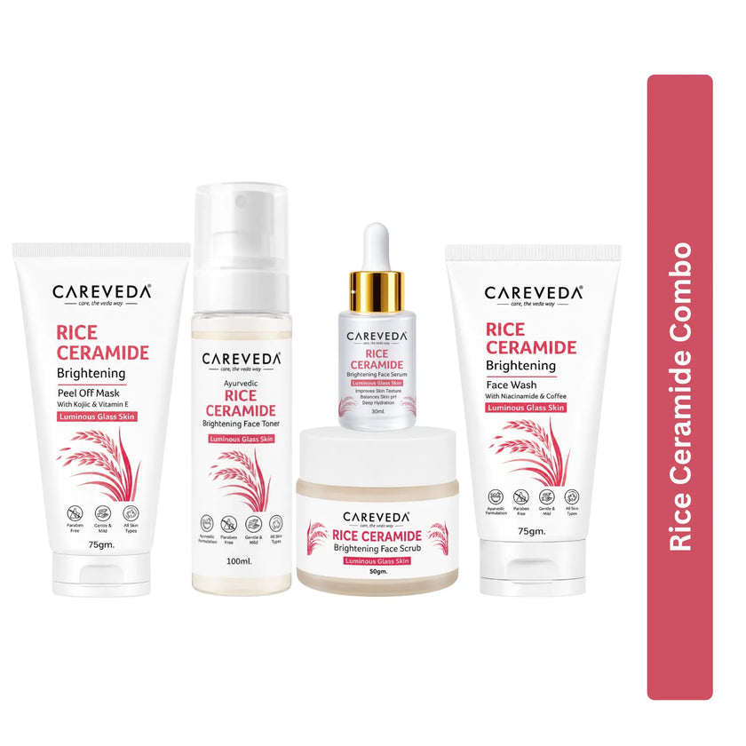 CareVeda Korean Glass Skin 5-Step Skincare Combo | Face Wash, Face Serum, Face Cream, Face Toner & Peel Off Mask | Rice Ceramide Daily Glow Routine