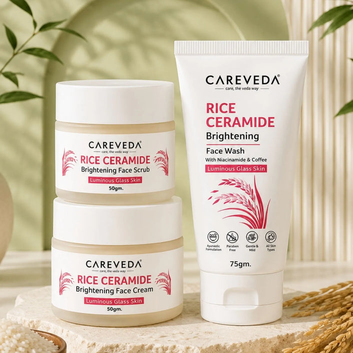 CareVeda Korean Glass Skin 3-Step Skincare Combo | Face Wash, Face Scrub & Face Cream | Rice Ceramide Daily Glow Routine