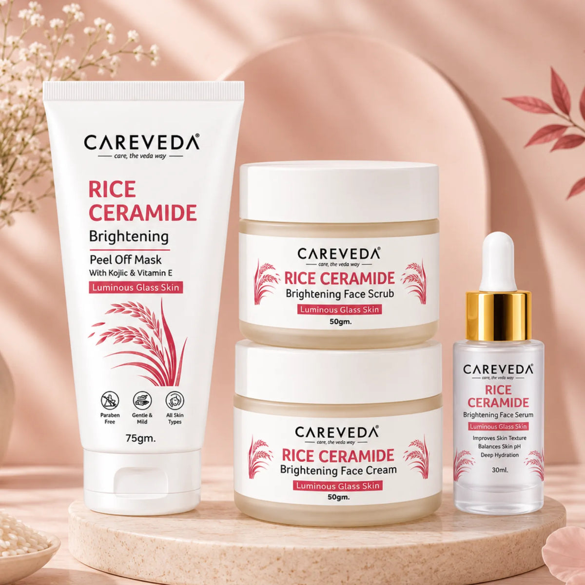 CareVeda Rice Ceramide Korean Glass Skin Skincare Kit | Face Scrub + Face Cream + Face Serum + Peel Off Mask | Hydrating & Brightening Face Care Combo