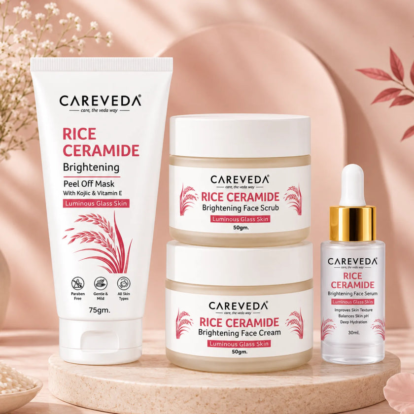 CareVeda Rice Ceramide Korean Glass Skin Skincare Kit | Face Scrub + Face Cream + Face Serum + Peel Off Mask | Hydrating & Brightening Face Care Combo
