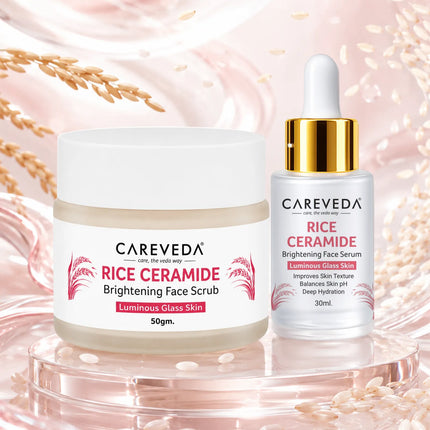 CareVeda Rice Ceramide Korean Glass Skin Skincare Kit | Face Scrub + Face Serum | Hydrating & Brightening Face Care Combo