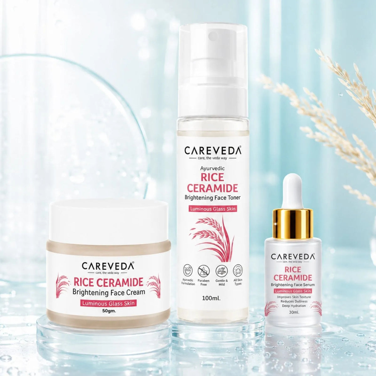 CareVeda Rice Ceramide Korean Glass Skin Skincare Kit | Face Cream + Face Serum + Face Toner | Hydrating & Brightening Face Care Combo