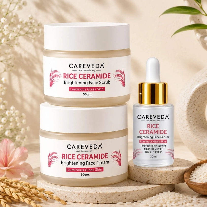 CareVeda Rice Ceramide Glass Skin Care Kit | Face Scrub + Face Serum + Face Cream | Complete Hydration & Glow Skincare Set
