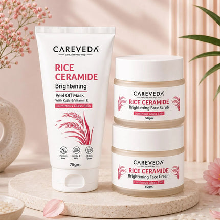 CareVeda Korean Glass Skin 3-Step Skincare Combo | Face Scrub, Face Cream & Peel Off Mask | Rice Ceramide Daily Glow Routine