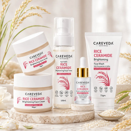 CareVeda Korean Glass Skin 5-Step Skincare Combo | Face Wash, Face Scrub, Face Serum, Face Cream & Face Toner | Rice Ceramide Daily Glow Routine