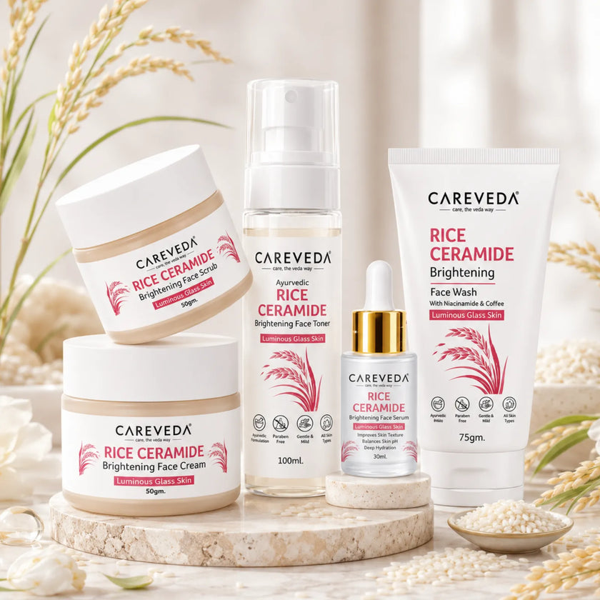 CareVeda Korean Glass Skin 5-Step Skincare Combo | Face Wash, Face Scrub, Face Serum, Face Cream & Face Toner | Rice Ceramide Daily Glow Routine