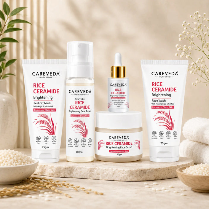 CareVeda Korean Glass Skin 5-Step Skincare Combo | Face Wash, Face Scrub, Face Serum, Face Toner & Peel Off Mask | Rice Ceramide Daily Glow Routine