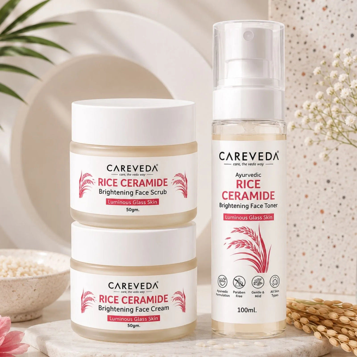 CareVeda Rice Ceramide Korean Glass Skin Skincare Kit | Face Scrub + Face Cream + Face Toner | Hydrating & Brightening Face Care Combo