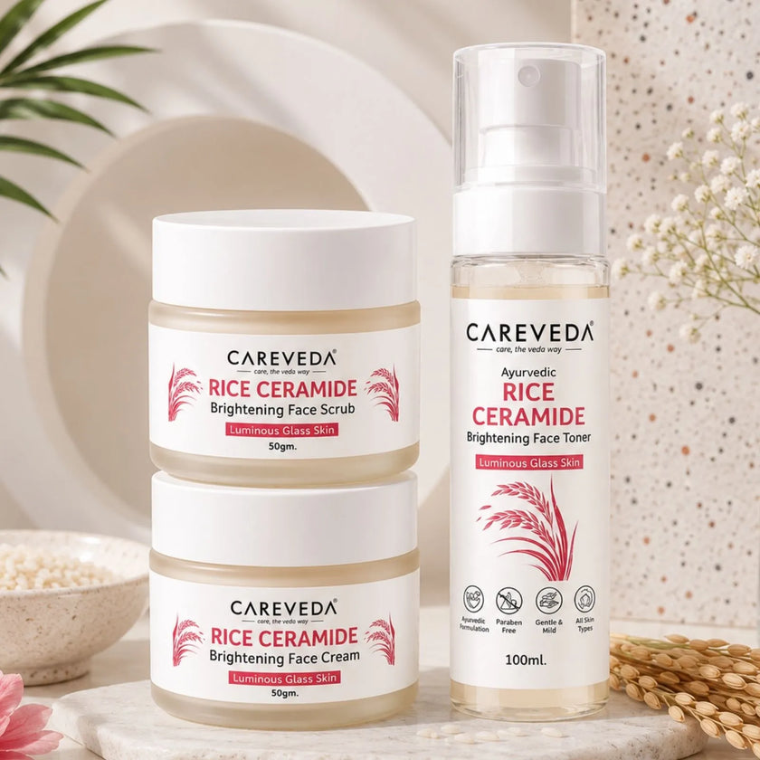 CareVeda Rice Ceramide Korean Glass Skin Skincare Kit | Face Scrub + Face Cream + Face Toner | Hydrating & Brightening Face Care Combo