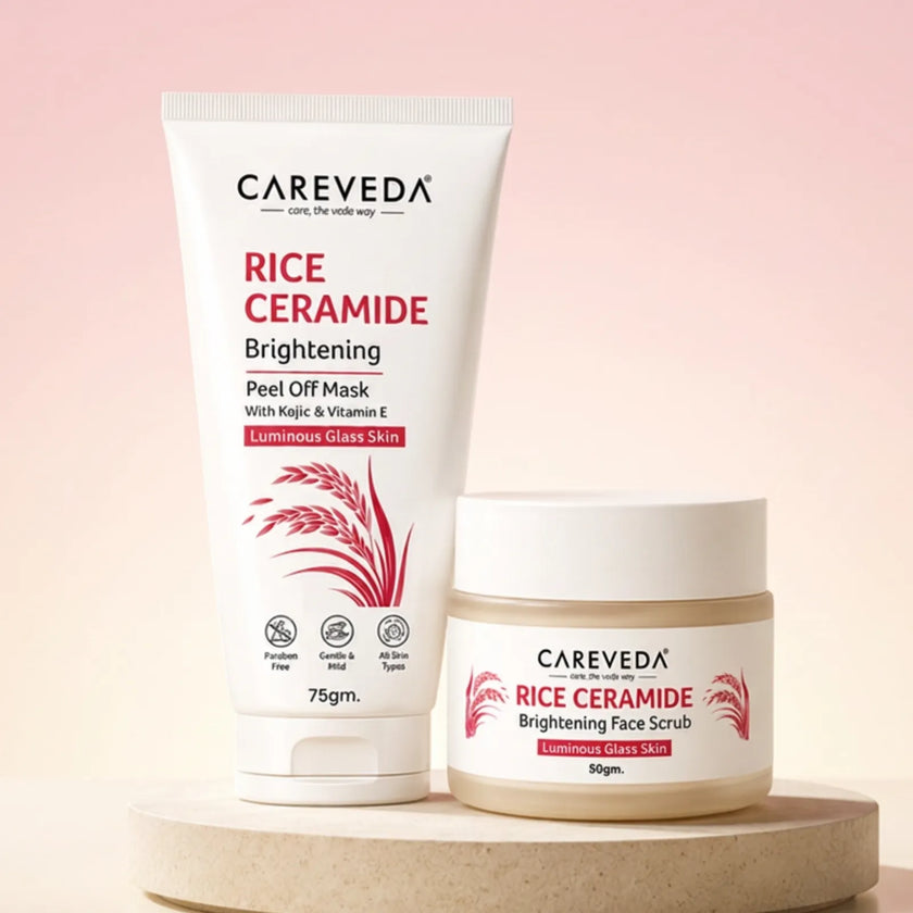 CareVeda Rice Ceramide Korean Glass Skin Skincare Kit | Face Scrub + Peel Off Mask | Hydrating & Brightening Face Care Combo