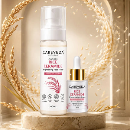 CareVeda Rice Ceramide Korean Glass Skin Skincare Kit | Face Serum + Face Toner | Hydrating & Brightening Face Care Combo