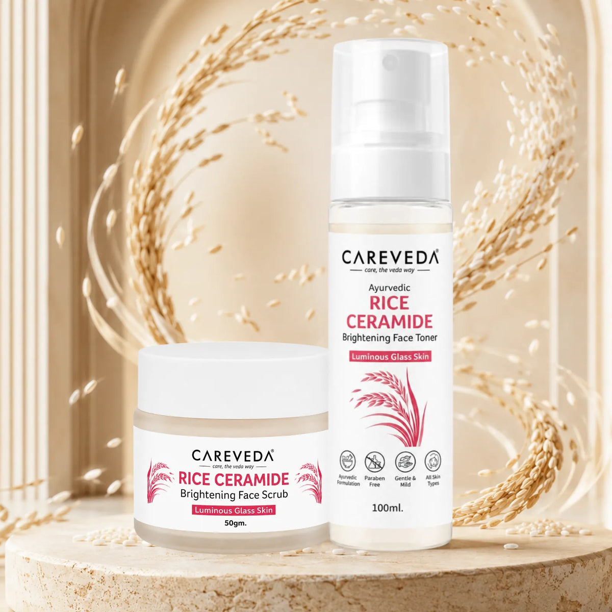 CareVeda Rice Ceramide Korean Glass Skin Skincare Kit | Face Scrub + Face Toner | Hydrating & Brightening Face Care Combo