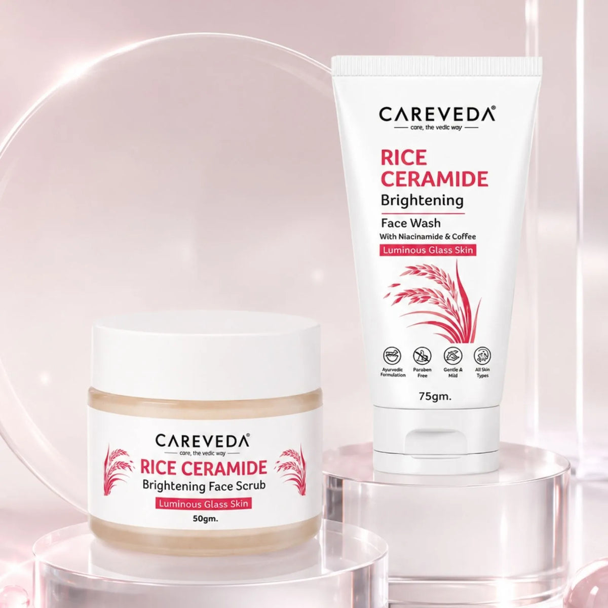 CareVeda Korean Glass Skin 2 Step Skincare Combo | Face Wash & Face Scrub | Rice Ceramide Daily Glow Routine,