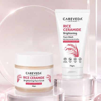 CareVeda Korean Glass Skin 2 Step Skincare Combo | Face Wash & Face Scrub | Rice Ceramide Daily Glow Routine,