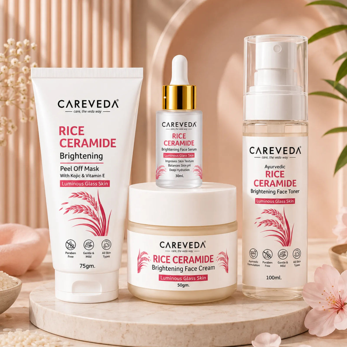 CareVeda Rice Ceramide Korean Glass Skin Skincare Kit | Face Cream + Face Serum + Face Toner + Peel Off Mask | Hydrating & Brightening Face Care Combo