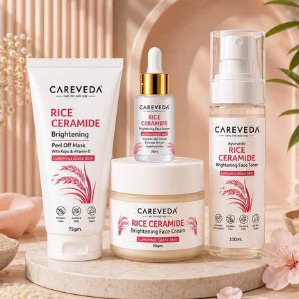 CareVeda Rice Ceramide Korean Glass Skin Skincare Kit | Face Cream + Face Serum + Face Toner + Peel Off Mask | Hydrating & Brightening Face Care Combo
