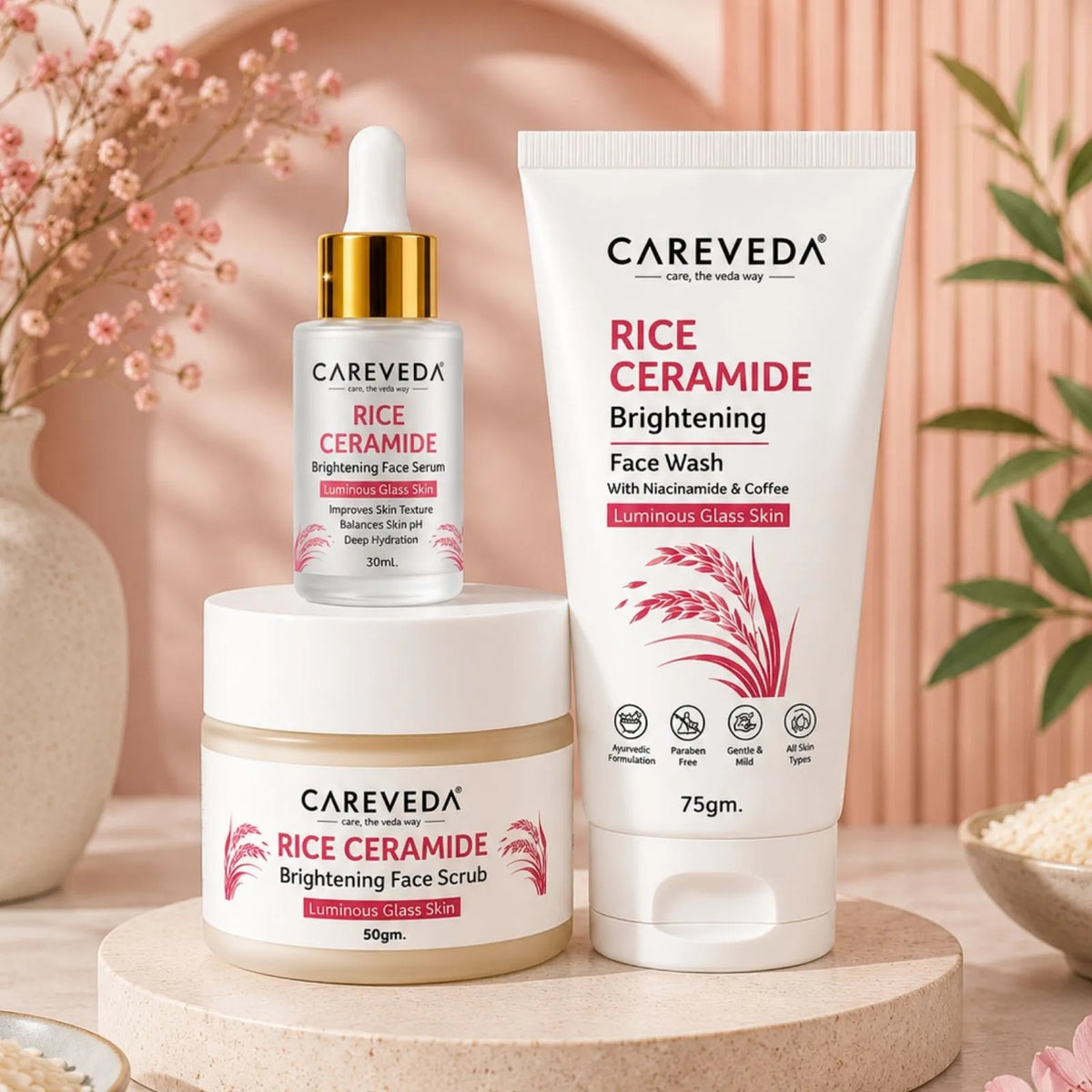 CareVeda Rice Ceramide Glass Skin Care Kit | Face Wash + Face Scrub + Face Serum | Complete Hydration & Glow Skincare Set