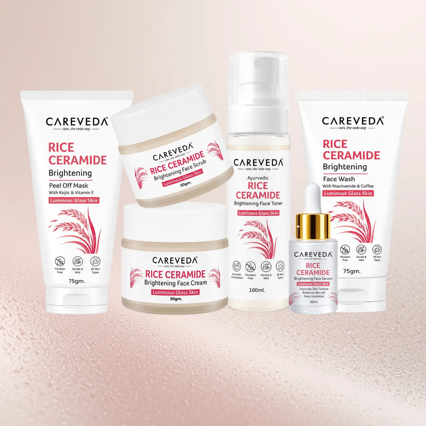 Careveda Rice Ceramide Brightening Skincare Gift Box | Complete Luminous Glass Skin Care Set with Face Wash, Peel Off Mask, Scrub, Cream & Serum, Toner - Set of 6