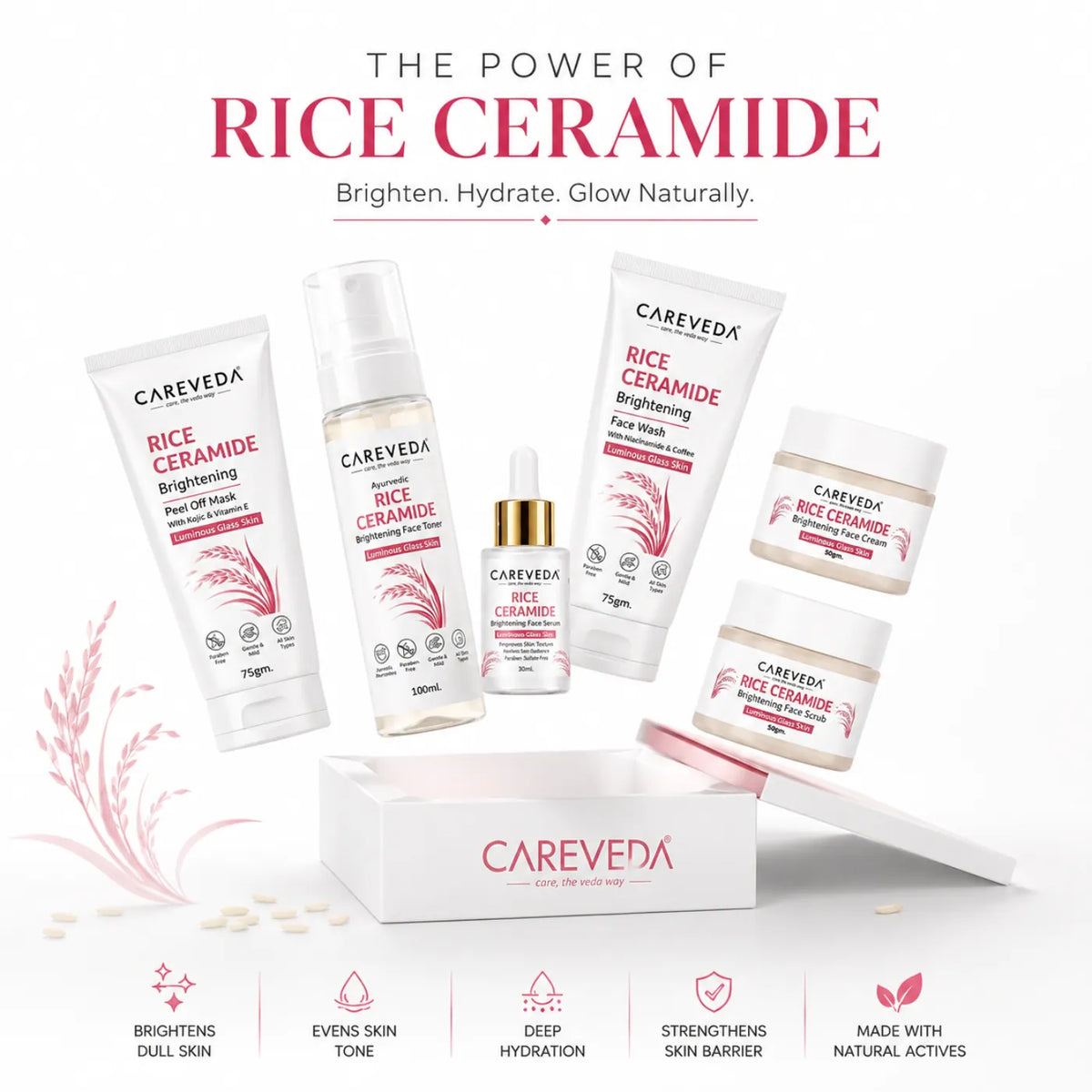 Careveda Rice Ceramide Brightening Skincare Gift Box | Complete Luminous Glass Skin Care Set with Face Wash, Peel Off Mask, Scrub, Cream & Serum, Toner - Set of 6