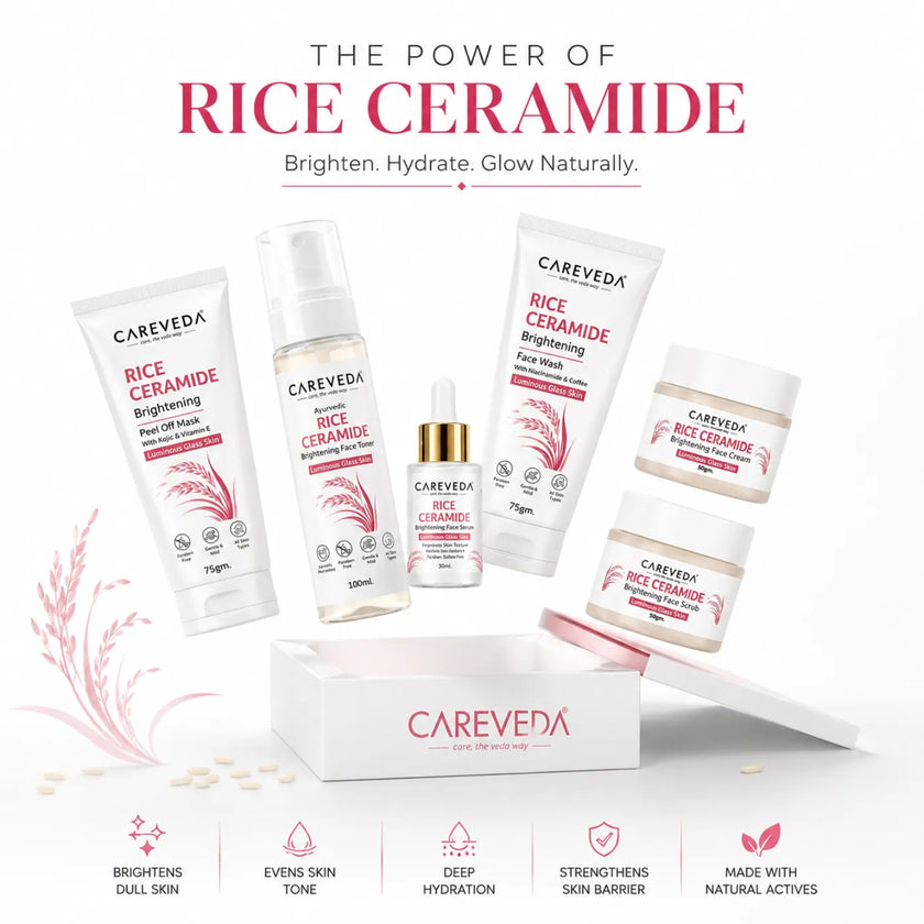 Careveda Rice Ceramide Brightening Skincare Gift Box | Complete Luminous Glass Skin Care Set with Face Wash, Peel Off Mask, Scrub, Cream & Serum, Toner - Set of 6