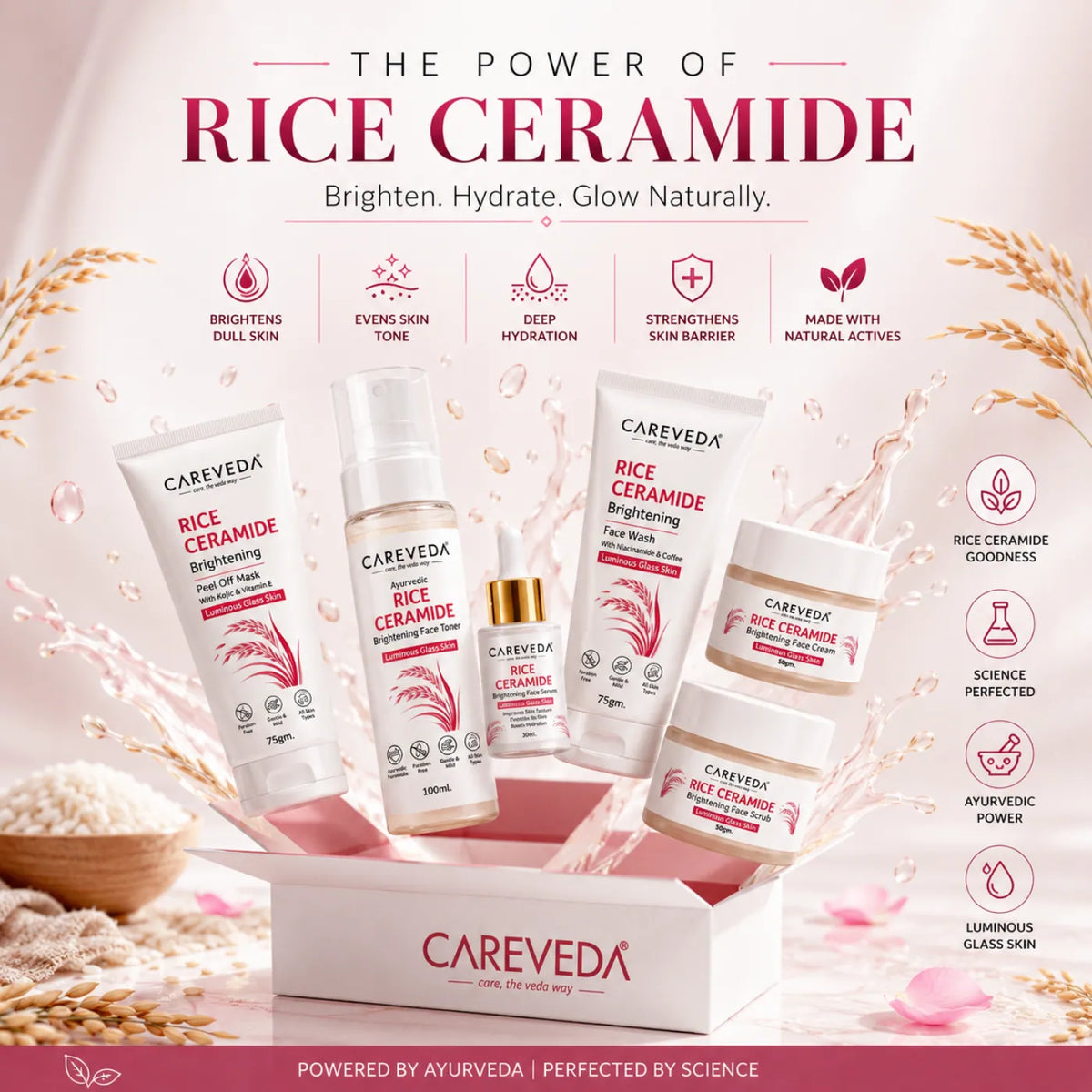 Careveda Rice Ceramide Brightening Skincare Gift Box | Complete Luminous Glass Skin Care Set with Face Wash, Peel Off Mask, Scrub, Cream & Serum, Toner - Set of 6