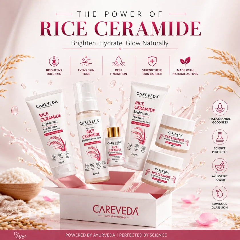 Careveda Rice Ceramide Brightening Skincare Gift Box | Complete Luminous Glass Skin Care Set with Face Wash, Peel Off Mask, Scrub, Cream & Serum, Toner - Set of 6