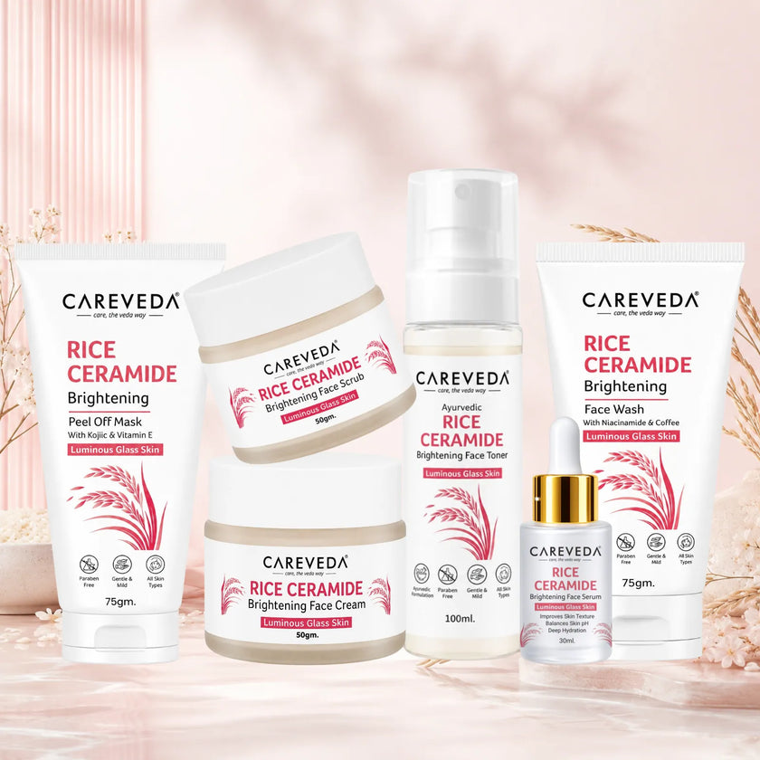 Careveda Rice Ceramide Brightening Skincare Gift Box | Complete Luminous Glass Skin Care Set with Face Wash, Peel Off Mask, Scrub, Cream & Serum, Toner - Set of 6