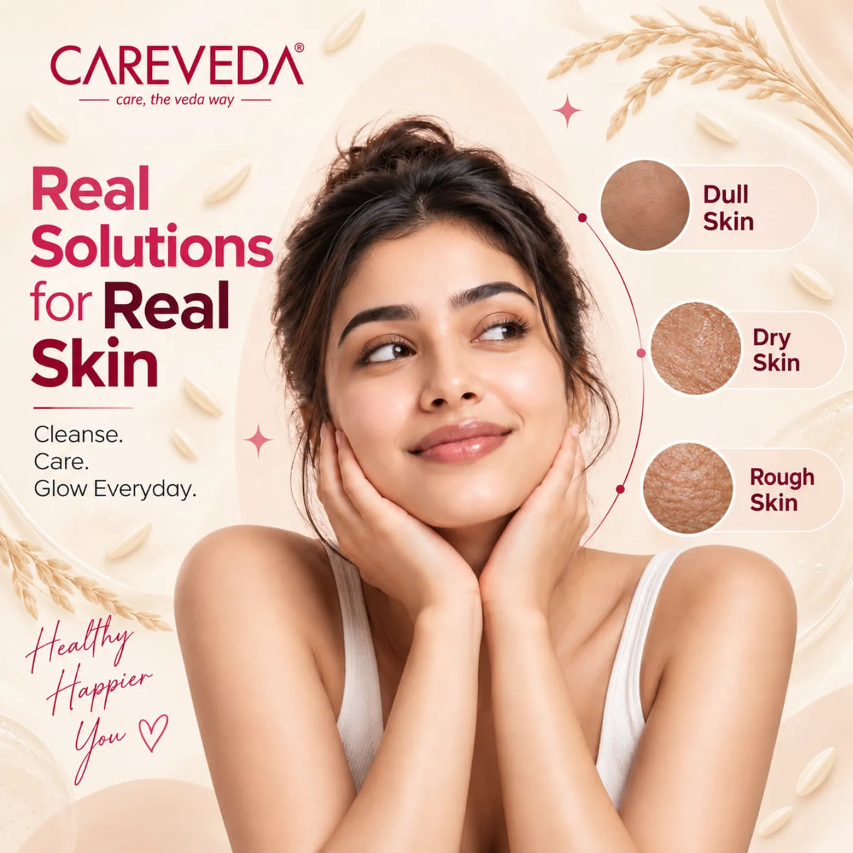 Careveda Rice Ceramide Brightening Skincare Gift Box | Complete Luminous Glass Skin Care Set with Face Wash, Peel Off Mask, Scrub, Cream & Serum, Toner - Set of 6