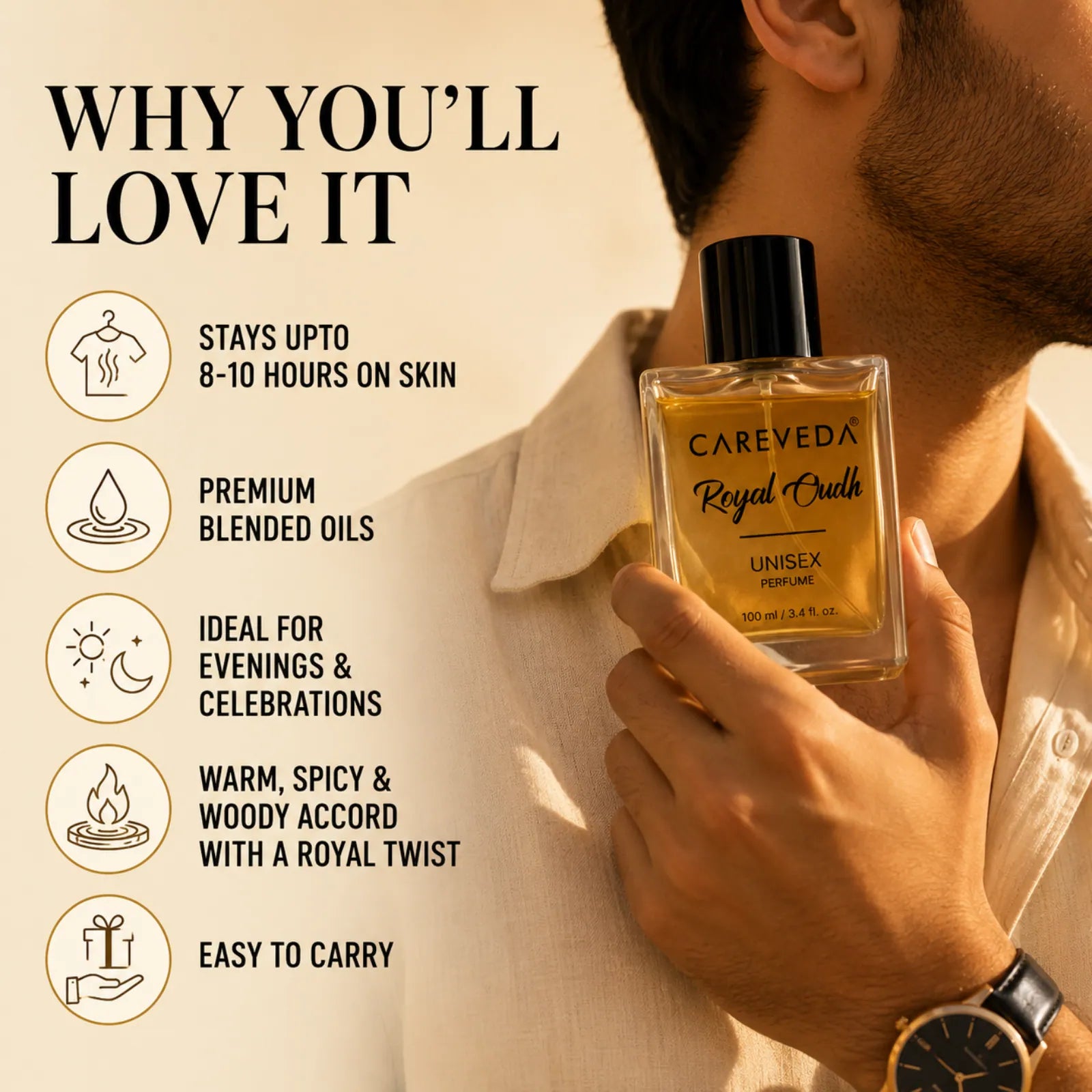 Careveda Royal Oud Eau de Parfum | Regal, Intense, Sophisticated | Up to 8-10 Hours Long-Lasting | Eau de Parfum - 100 ml (Unisex)