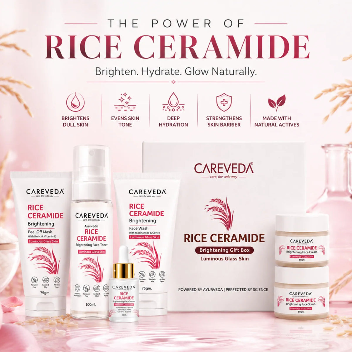 Careveda Rice Ceramide Brightening Skincare Gift Box | Complete Luminous Glass Skin Care Set with Face Wash, Peel Off Mask, Scrub, Cream & Serum, Toner - Set of 6