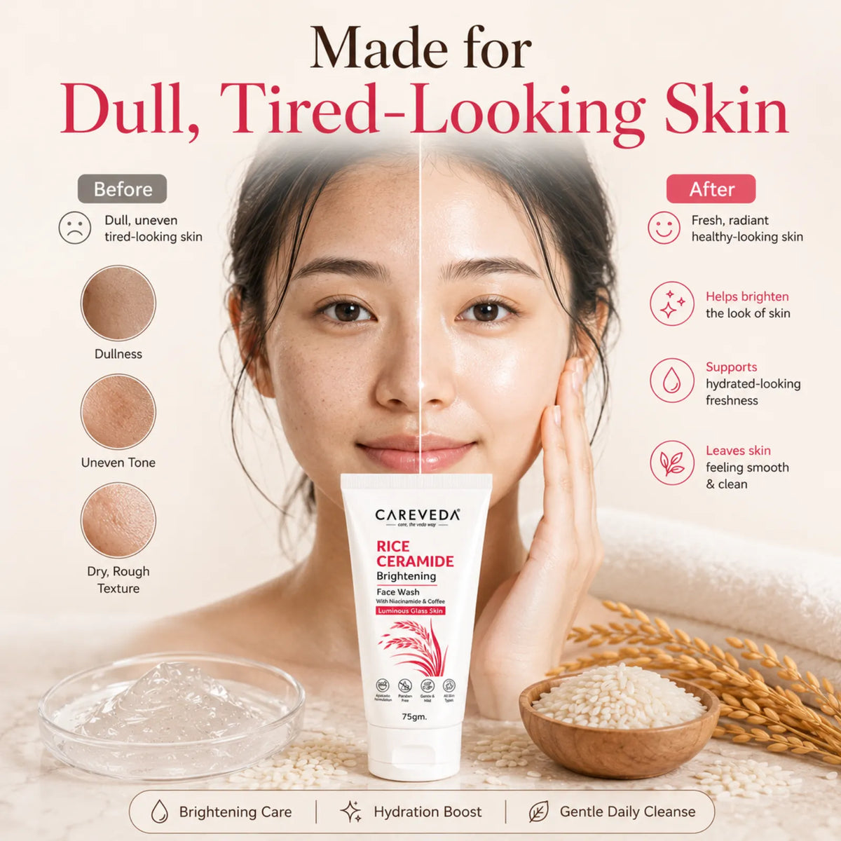 CareVeda Korean Glass Skin 4-Step Skincare Combo | Face Wash, Face Serum, Face Cream & Face Toner | Rice Ceramide Daily Glow Routine