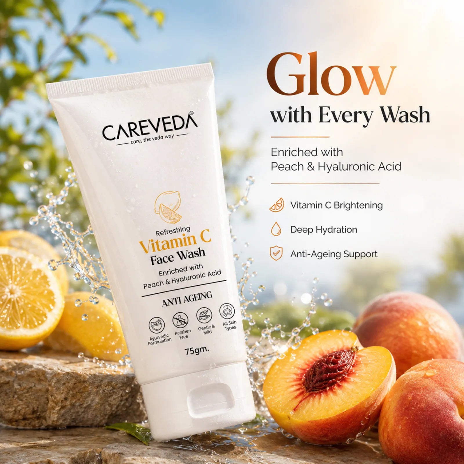 CareVeda Refreshing Vitamin C Face Wash with Peach & Hyaluronic Acid - 75g