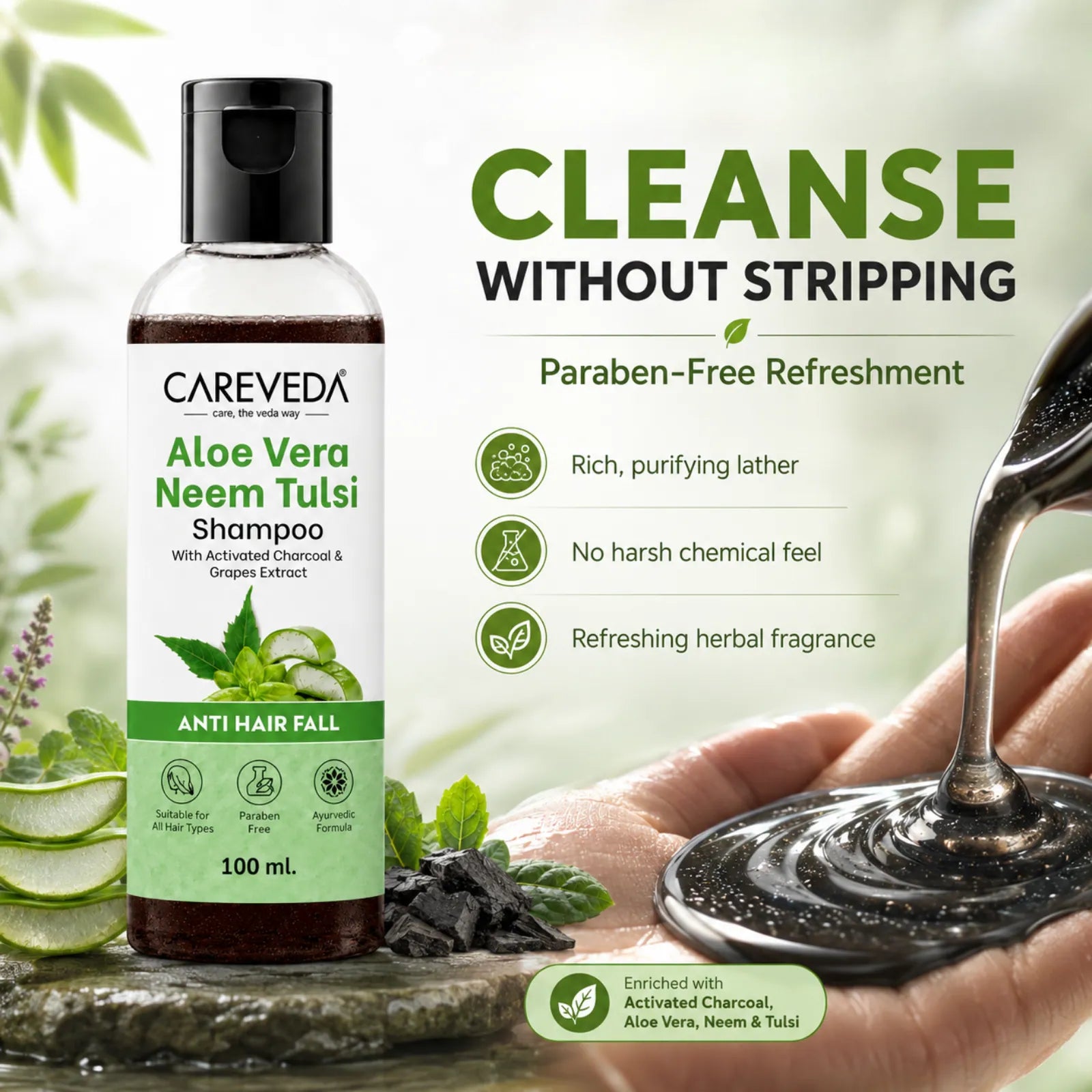 Careveda Aloe Vera Neem Tulsi Shampoo with Activated Charcoal & Grapes - Anti Hair Fall (100ml)