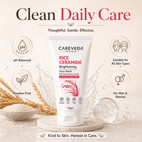 Careveda Rice Ceramide Brightening Face Wash with Niacinamide & Coffee for Luminous Glass Skin - 75gm
