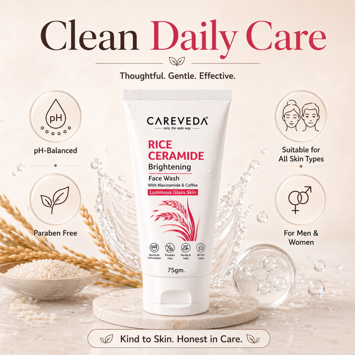 Careveda Rice Ceramide Brightening Face Wash with Niacinamide & Coffee for Luminous Glass Skin - 75gm