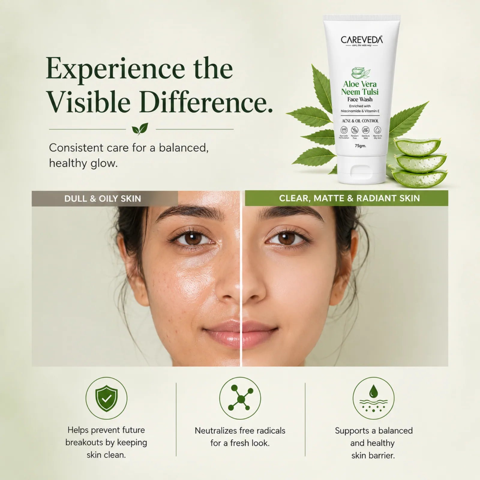Careveda Aloe Vera Neem Tulsi Face Wash with Niacinamide & Vitamin E - 75gm