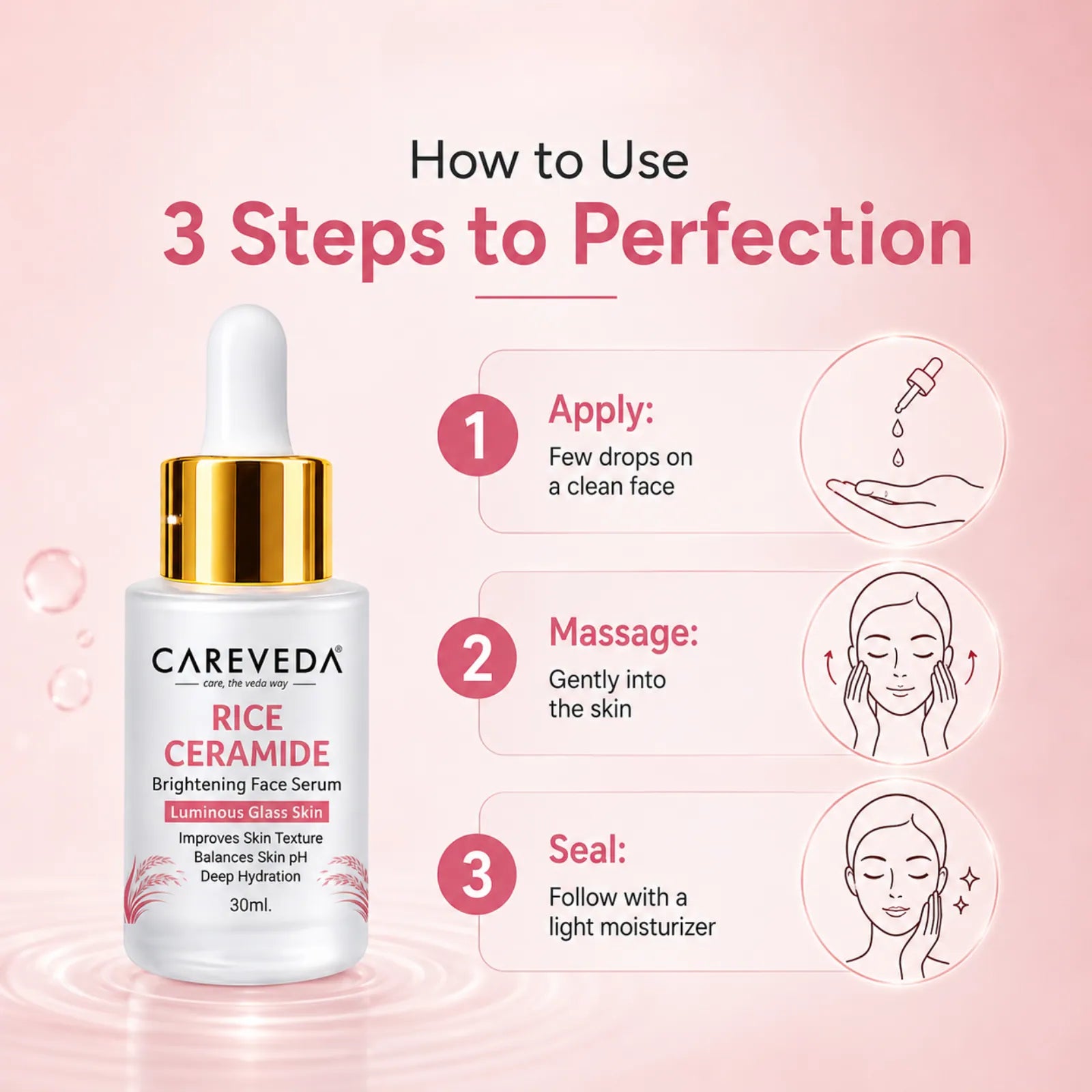 Careveda Rice Ceramide Brightening Face Serum - For Radiant & Healthy Skin - 30ml