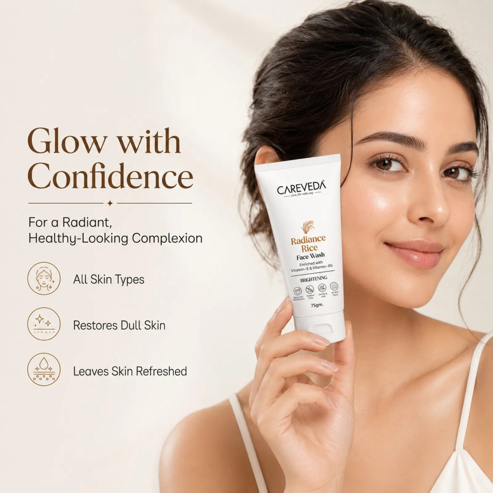 CareVeda Radiance Rice Face Wash for Glowing Skin - with Vitamin E & Vitamin B5 - Brightening & Hydrating Daily Cleanser - For All Skin Types, Paraben Free - 75gm