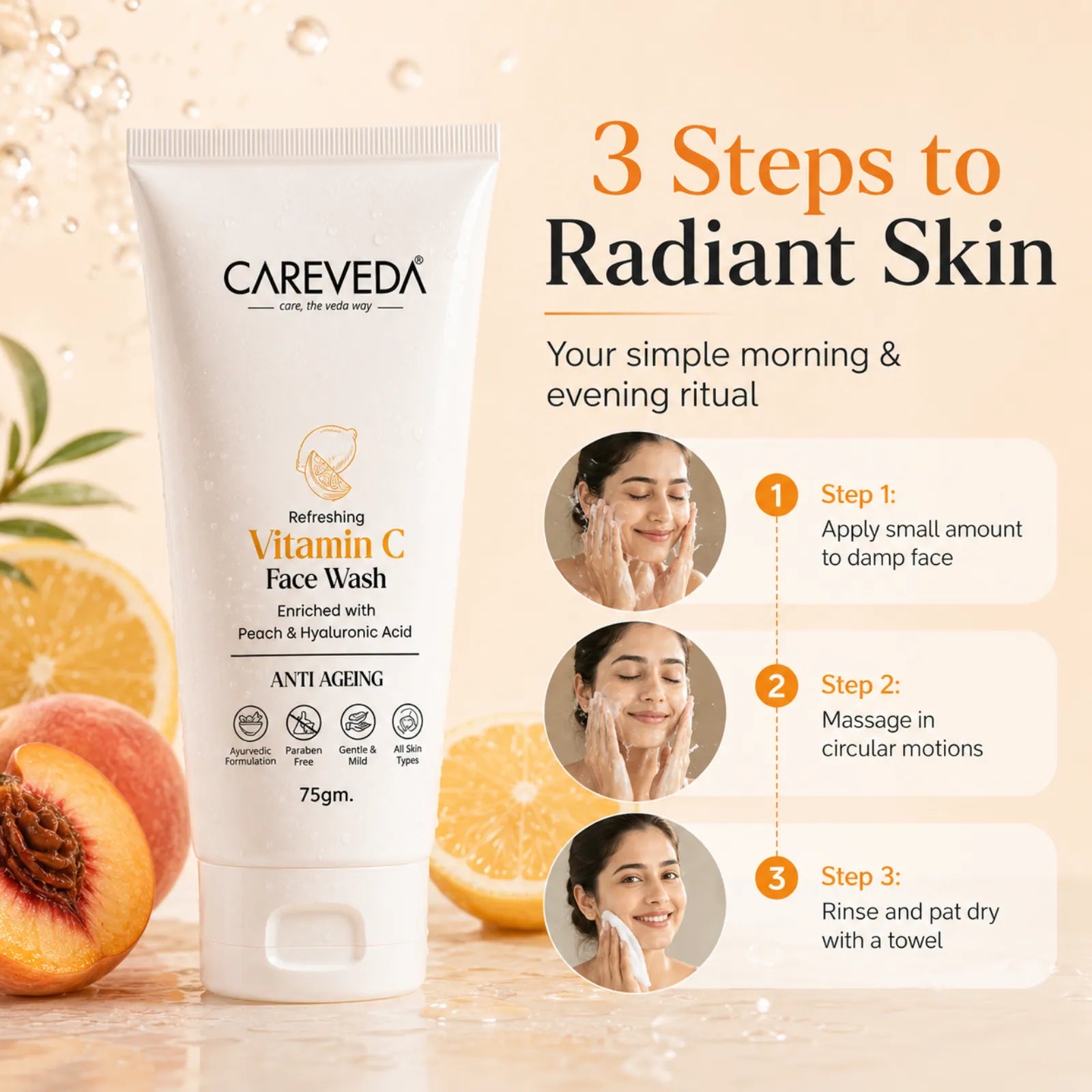 CareVeda Refreshing Vitamin C Face Wash with Peach & Hyaluronic Acid - 75g