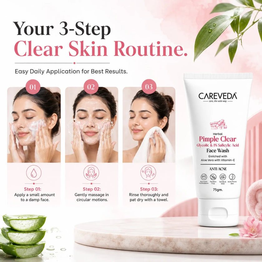 CareVeda Herbal Pimple Clear Face Wash with 1% Salicylic & Glycolic Acid - 75gm