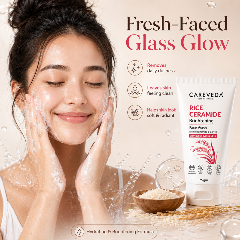 Careveda Rice Ceramide Brightening Face Wash with Niacinamide & Coffee for Luminous Glass Skin - 75gm