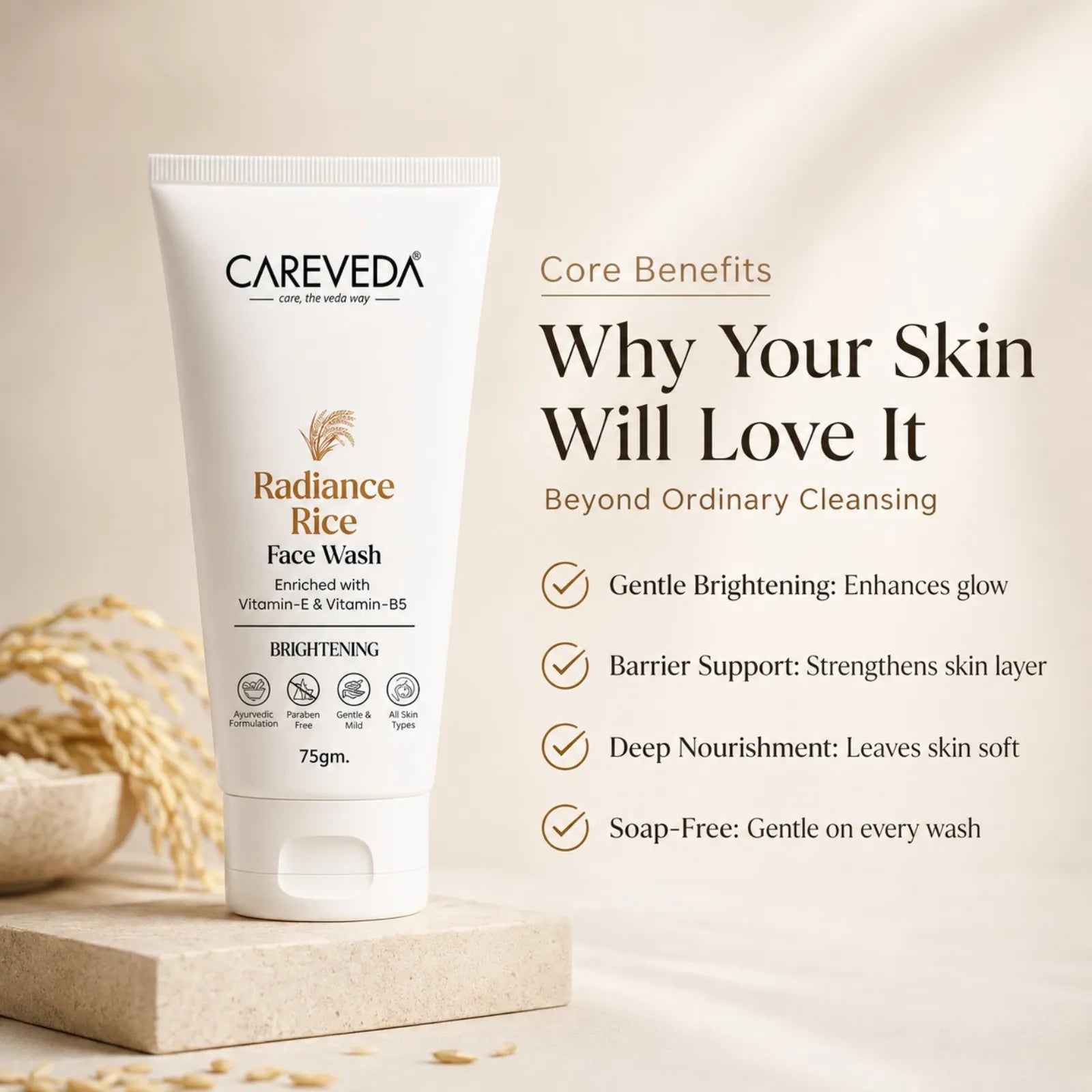 CareVeda Radiance Rice Face Wash for Glowing Skin - with Vitamin E & Vitamin B5 - Brightening & Hydrating Daily Cleanser - For All Skin Types, Paraben Free - 75gm