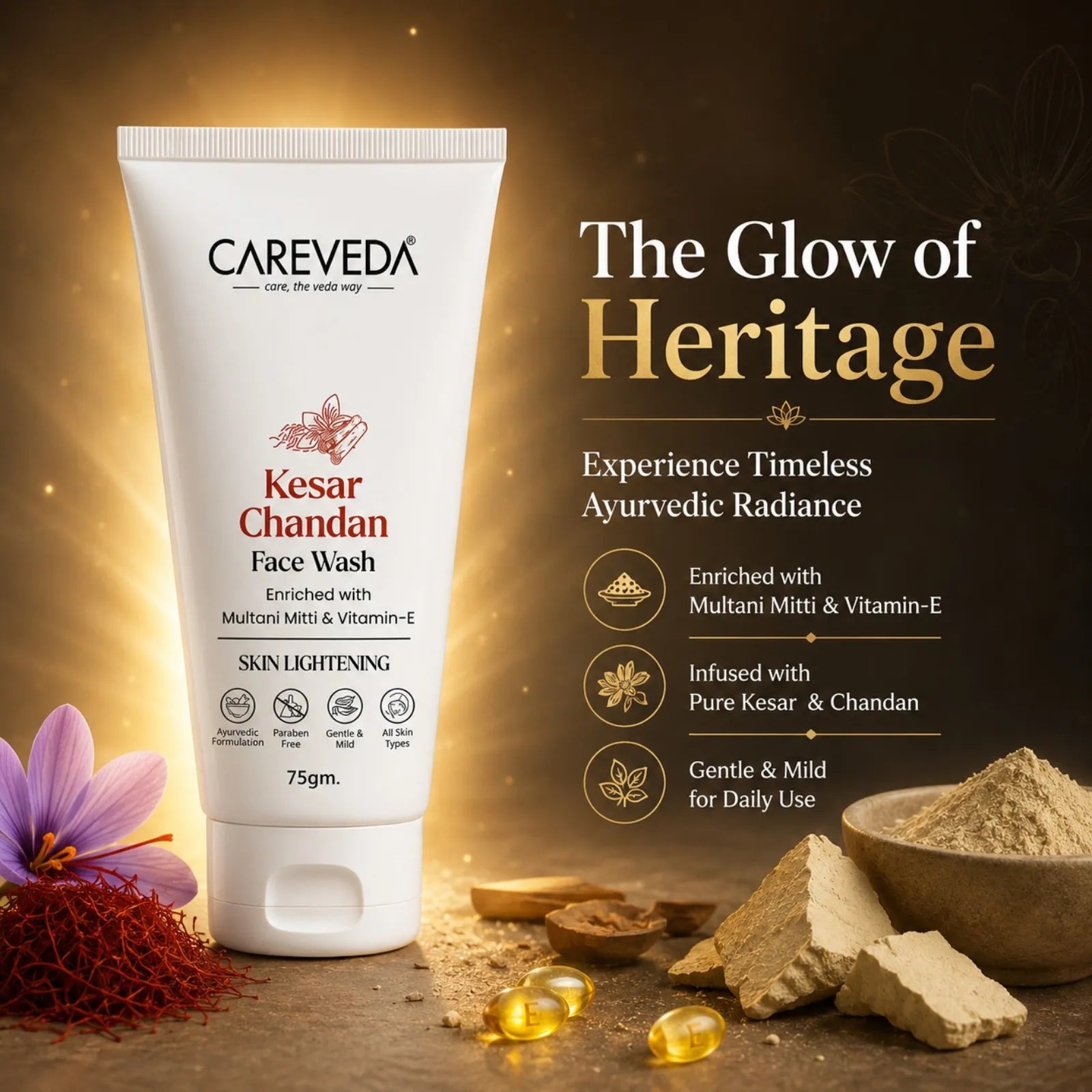 CareVeda Kesar Chandan Face Wash - For Skin Lightening & Deep Nourishment -75gm