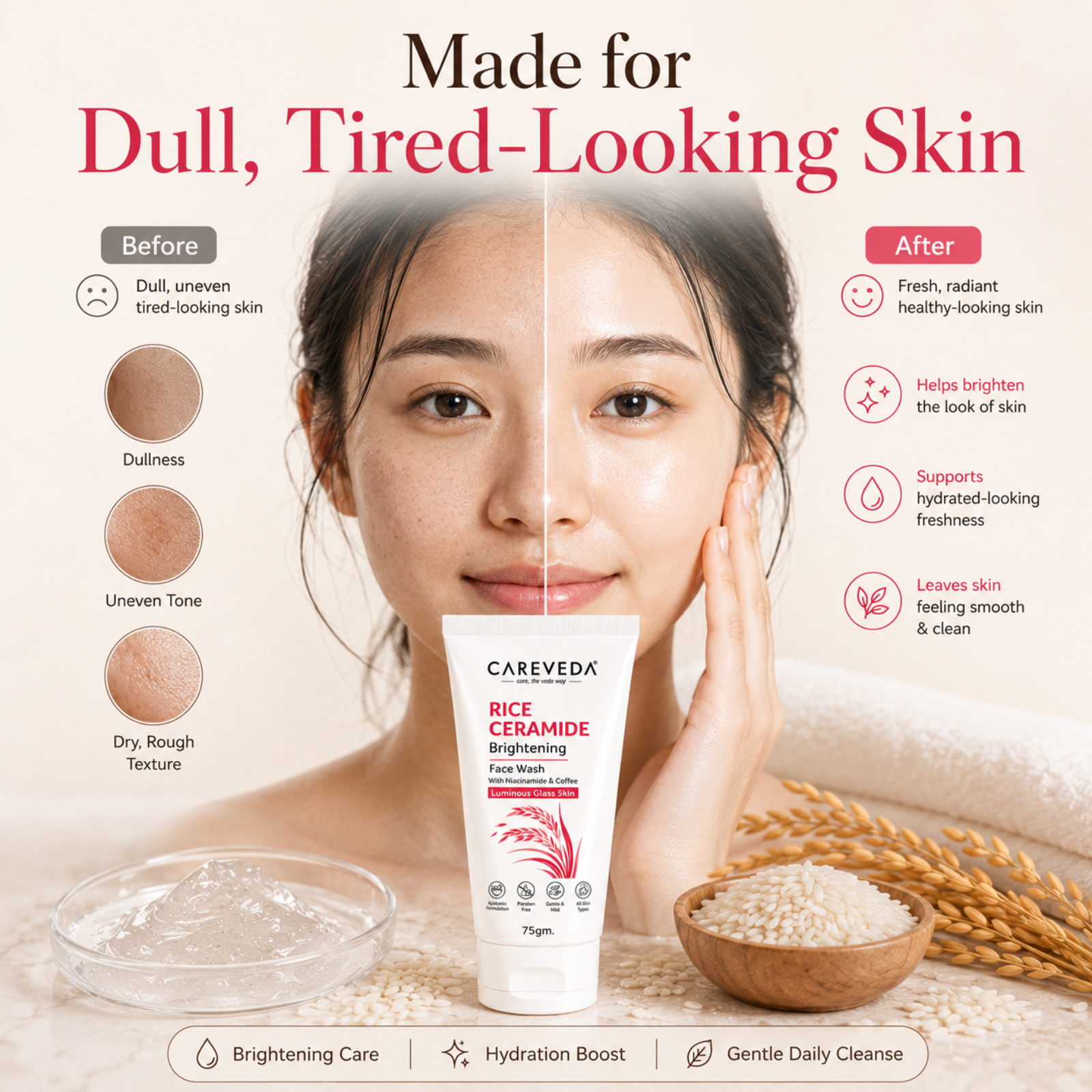 Careveda Rice Ceramide Brightening Face Wash with Niacinamide & Coffee for Luminous Glass Skin - 75gm