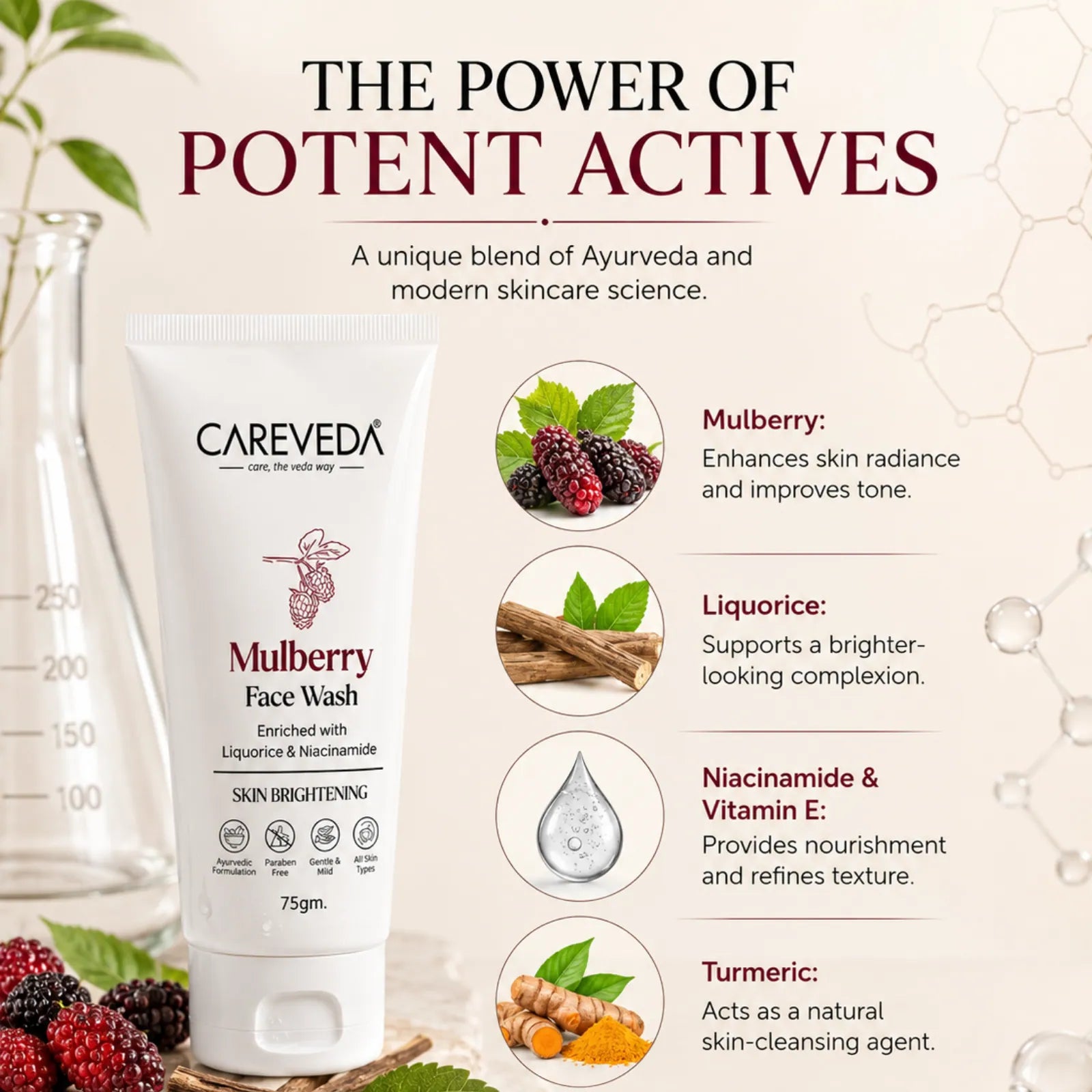 CareVeda Mulberry Face Wash with Liquorice & Niacinamide – Skin Brightening & Dark Spot Reduction (75gm)